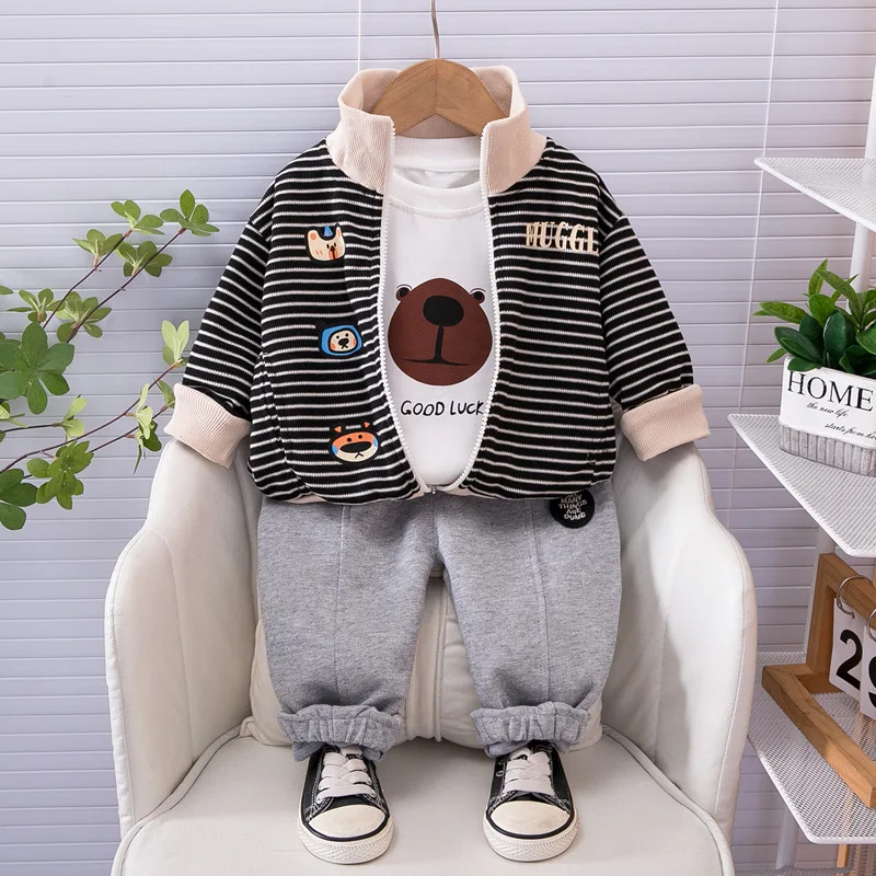 Kids Outfits 2024 Autumn Baby Boy Clothes 12 To 18 Months Casual Cartoon Striped Jackets + T-shirts + Pants Boys Tracksuit Set