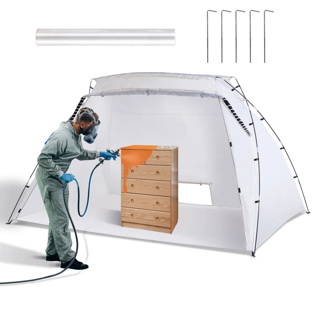 White 10x7x6ft Portable Spray Paint Shed, Large Spray Paint Tent with Built-in Floor and Mesh Screen, Suitable for Furniture DIY Hobbyists' Spray Paint Tent Workbench.