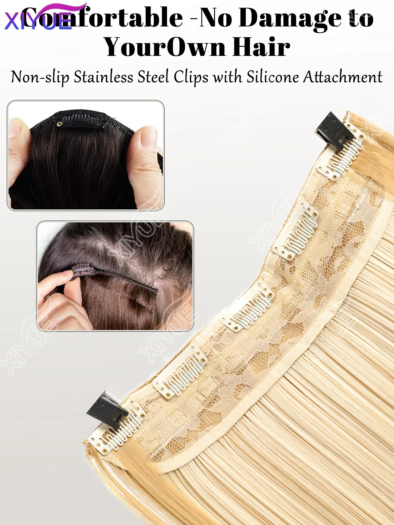 XIYUE Synthetic 5-Clip One Piece Invisible Hair Extensions Long Straight 24Inch Heat Resistant Hairpiece for Women