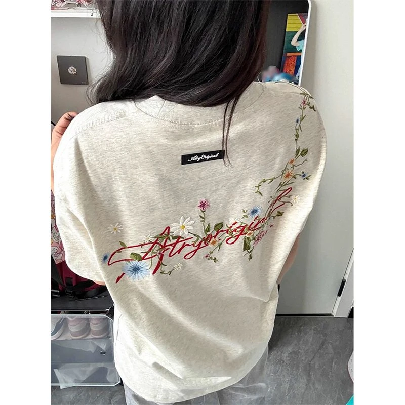 

Korean Style Apricot Short Sleeve for Women's Summer O-neck Embroidery Floral Design T-shirts Loose Casual College Style Tees
