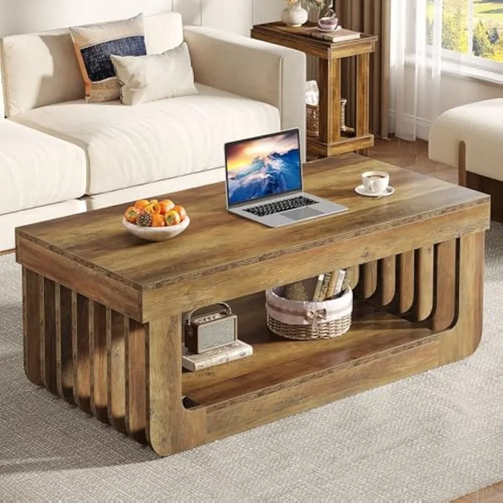 Farmhouse Coffee Table with Storage, 47-Inch Rectangle Living Room Tables, 2-Tier Cocktail Tea Table, Wooden Center T