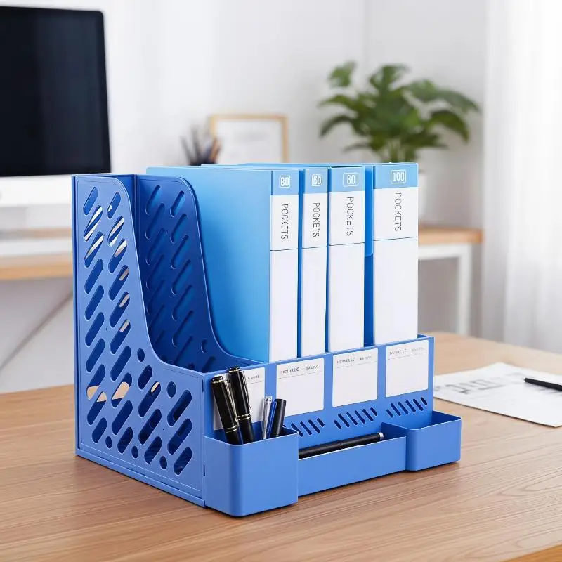 4 Column File Rack Holder Multi-functional Books Pencil Sundries Storage Rack Office Stationery Pen Holder Bookshelf Organizers