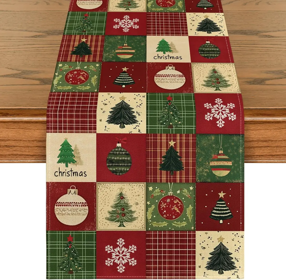 Christmas Tree Xmas Ball Plaid Linen Table Runner Party Decor Winter Snowflake Kitchen Dining Table Runners Christmas Decoration
