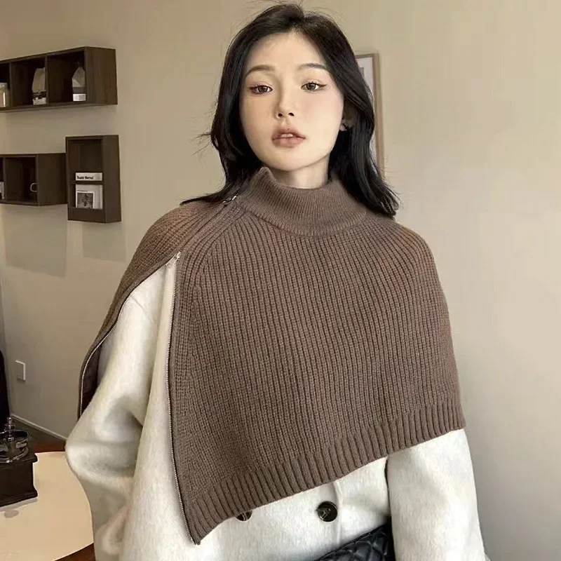 

Poncho New Cape zipper Knitted Women's Autumn and Winter Versatile High End Fake Collar Pullover Knitted Neck Cloak