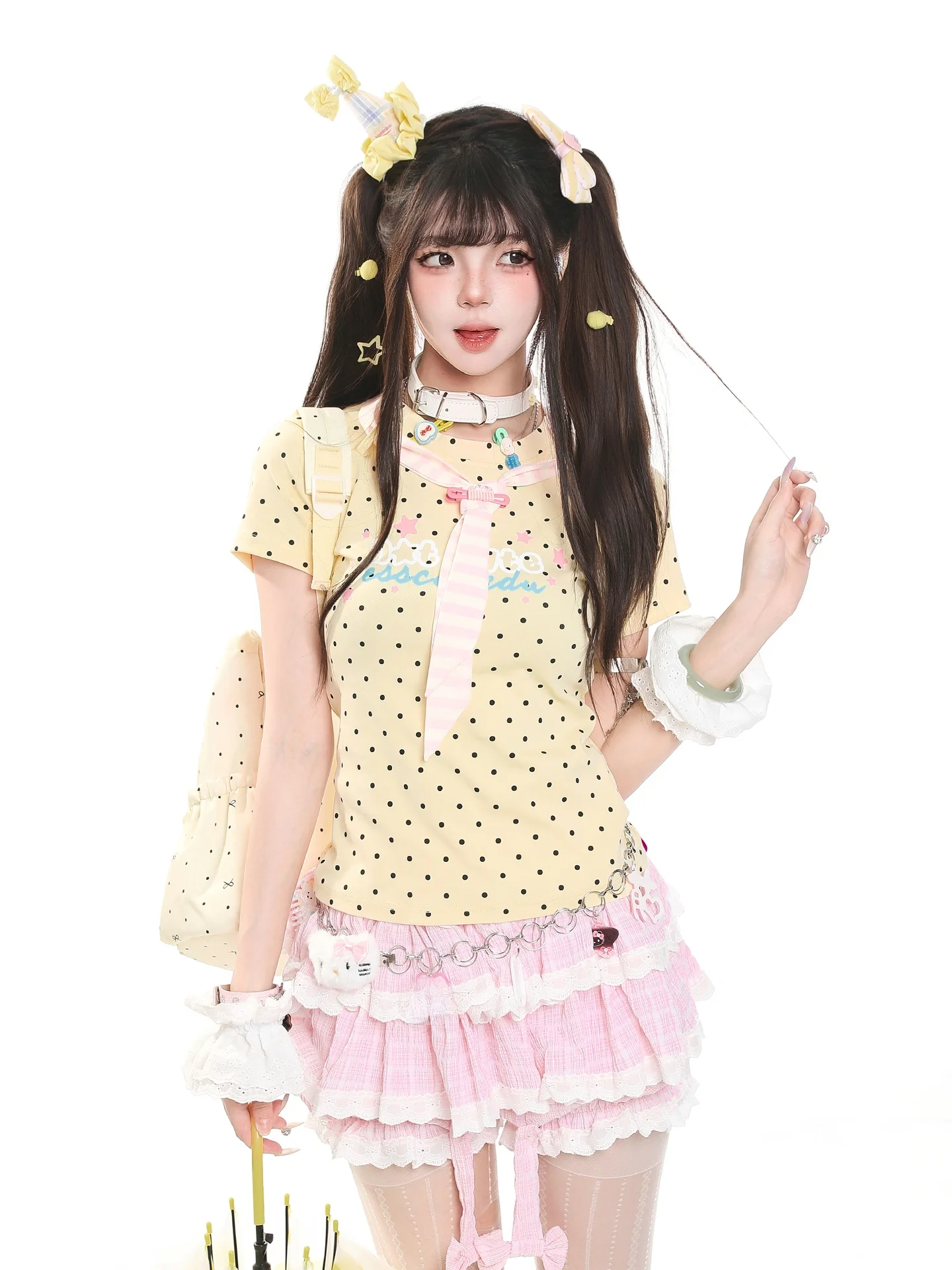 Cute Polka Dot Short Sleeve Slim Fit T-Shirt for Women Summer Removable Bow Tie Dopaamine Style Casual round Neck Top