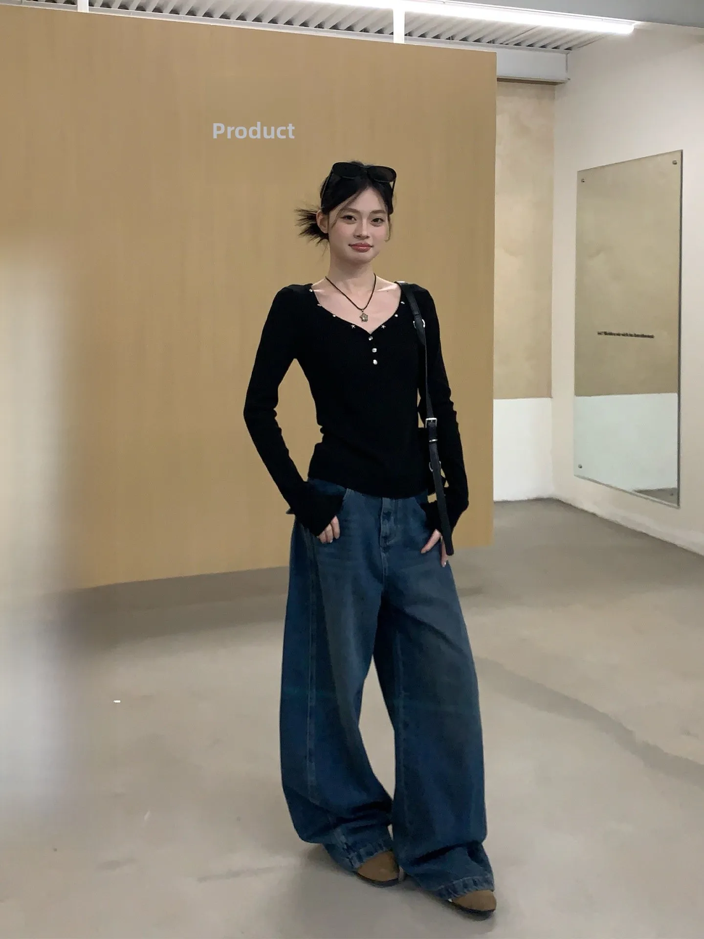 

Свободные повседневные синие джинсы прямого кроя для женщин, брюки с высокой талией и широкими штанинами, весенняя коллекция, корейский стиль, для города, Sle Songyang Commuter Sle