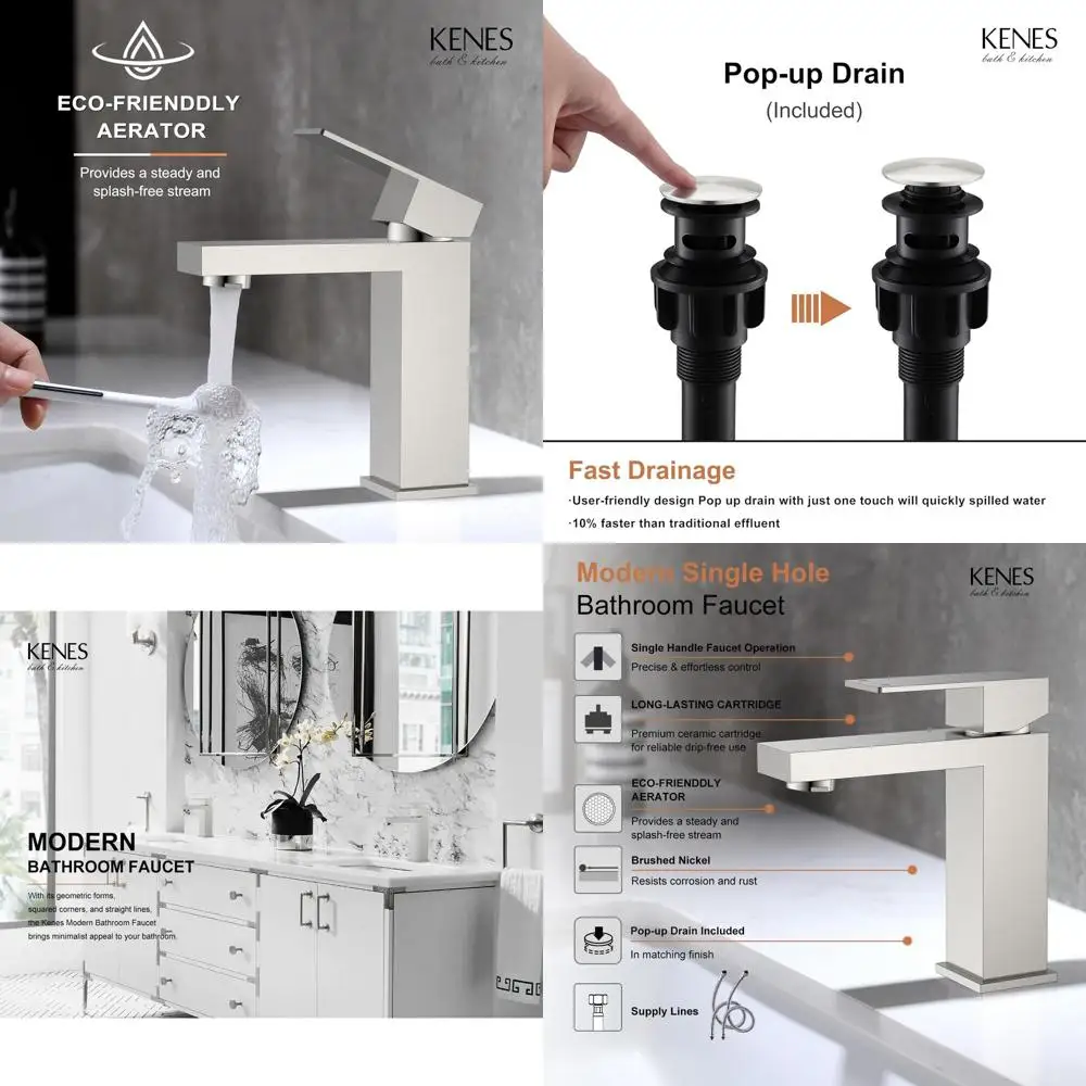 

Single Handle Brushed Nickel Bathroom Sink Faucet with Up Drain and Water Supply Lines