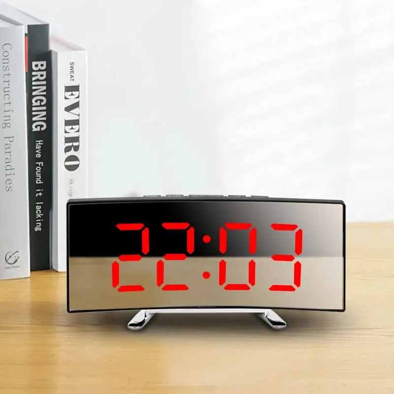 Creative Curved Electronic Clock, LED Large Screen Plug-in Battery Dual-purpose Mirror Alarm Clock, Student Bedroom Dedicated 6