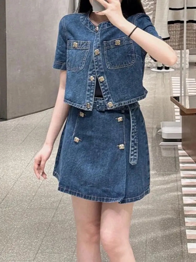 Women Denim Set A-Line High Waist Mini Skirt or Single Breasted O-Neck Short Sleeve Jacket