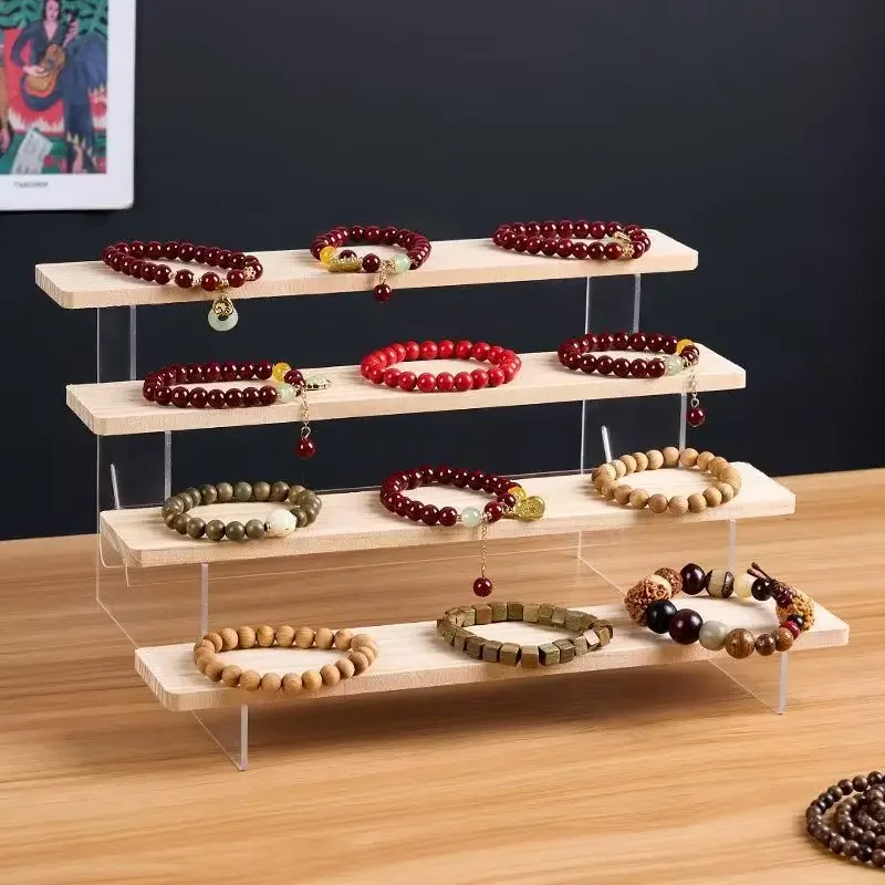 Acrylic Staircase Display Stand with Wooden Board for Figurines Toys Cosmetics Dolls Jewelry Desktop Storage Organizer Booth