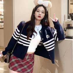 Preppy Style Striped Knitting Femme 2024 Autumn New Korean All-match Buttons O-neck Long Sleeve Cardigan Sweater Coat Top Tee