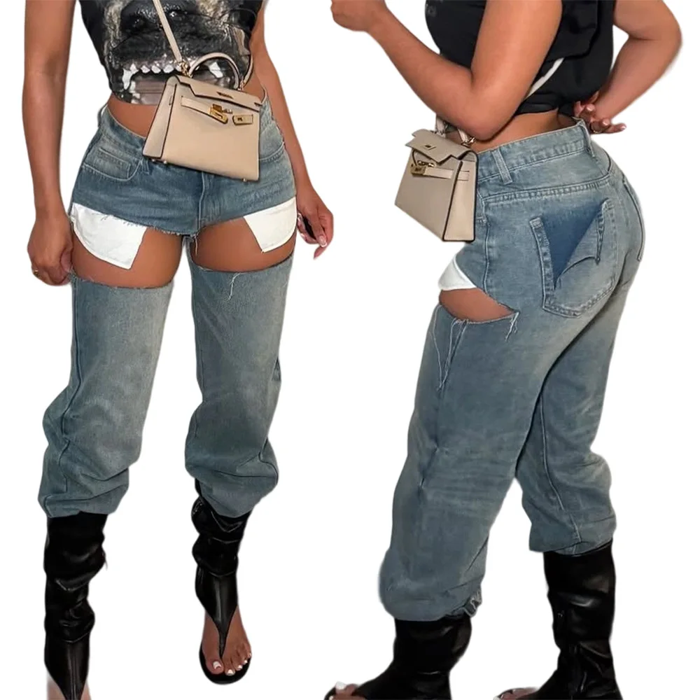 Women Denim Jeans Solid Pants Hole Pocket Zipper Fly Full Length Low Waist Straight Jean Loose Casual Y2k Streetwear 2025 Autumn