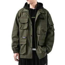 Chaqueta vaquera con múltiples bolsillos para hombre, ropa de calle informal militar, abrigo verde militar Harajuku, moda coreana, primavera y otoño