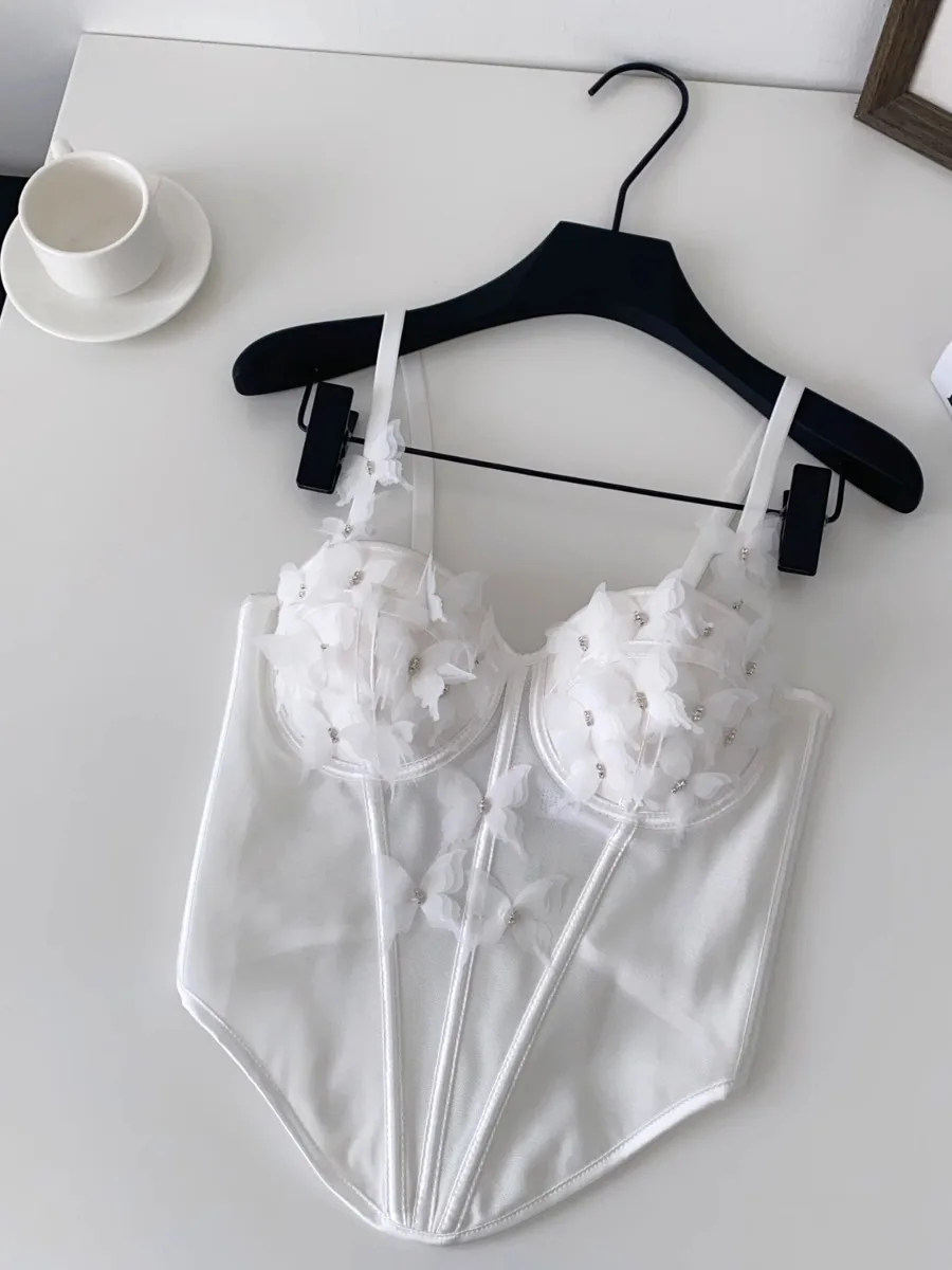 Foamlina Trendy Mesh Fishbone Farfalla Corsetto a fascia Top Donna Vintage Francese Romantico Estetico Ragazza Crop Top Vest Camis