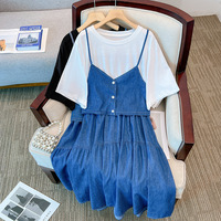 150Kg Plus Size Women's Bust 150 Summer Loose Strap Fake Two Piece Denim Dress Blue 5XL 6XL 7XL 8XL 9XL