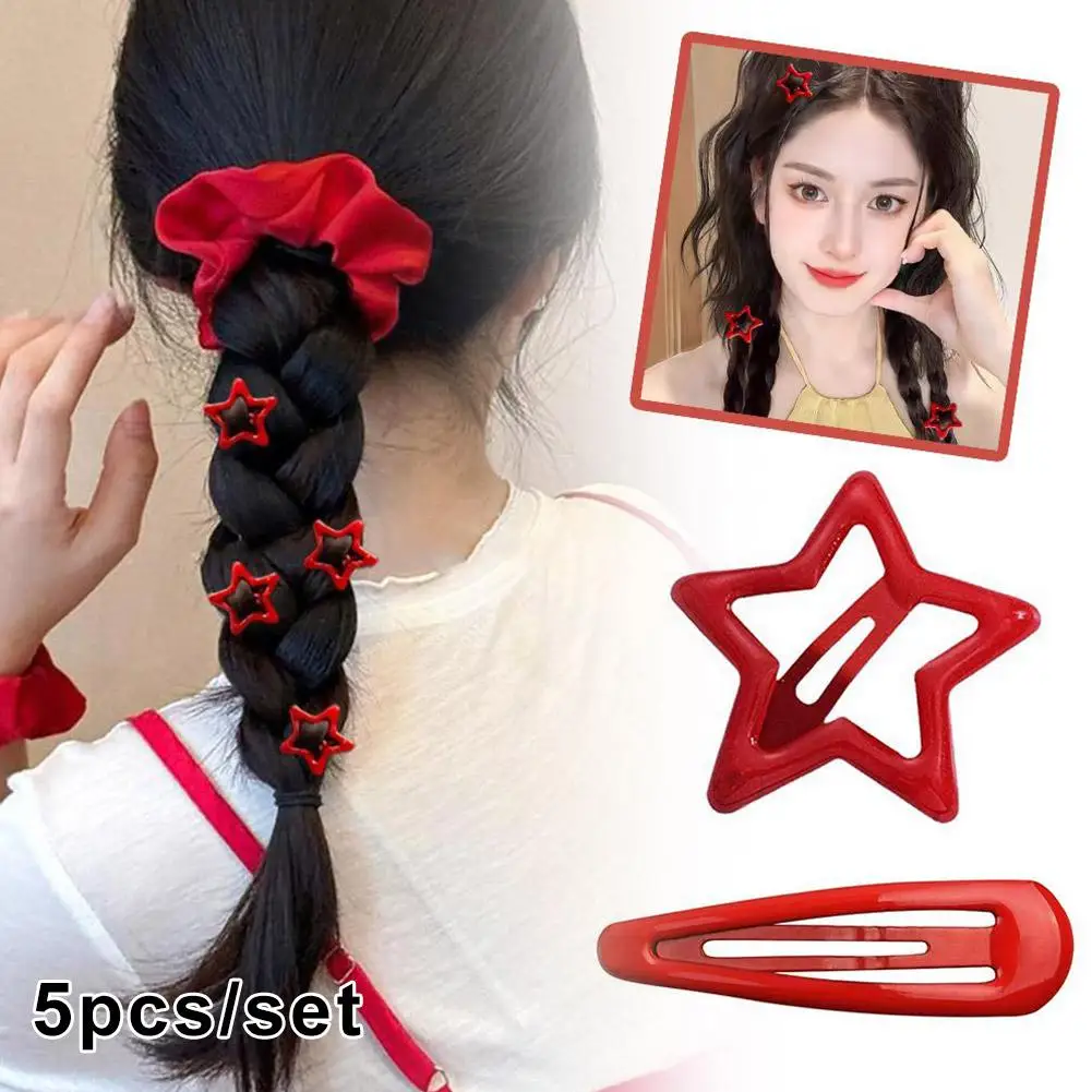 5pcs/lot New Red Star Snap Clip For Girl Waterdrop Barrettes Black Hairpin Women Silver Hair Clip Accessories Kawaii Bb Cli Q7j0