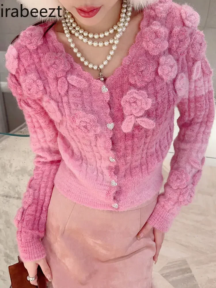 Unique Super Good-looking 2024 Autumn and Winter Women\'s New Pink Short Rose Gradient Color Sweater Cardigan Knitted Coat