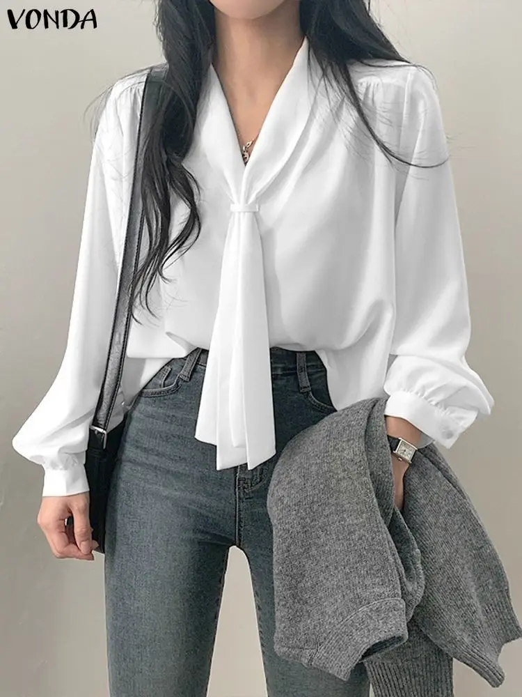 

VONDA Fashion Blouse Chiffon Tops Women Tie Collar Pullovers 2025 Autumn Shirt OL Long Sleeve Casual Solid Elegant Office Blusas