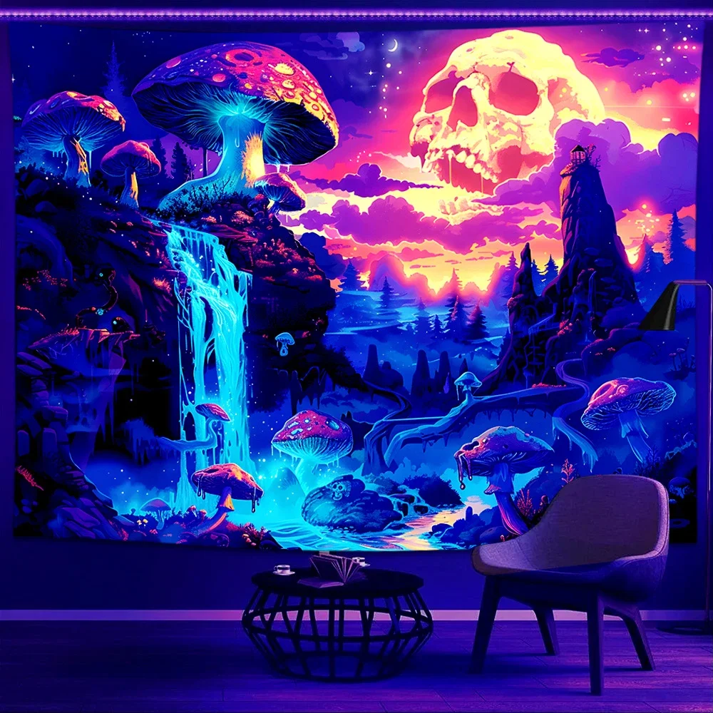 VIKAMA Neon Skull Mushroom Cave Tapestry Wall Hanging, 6 Designs, Wall Decor for Bedroom Living Room Dorm