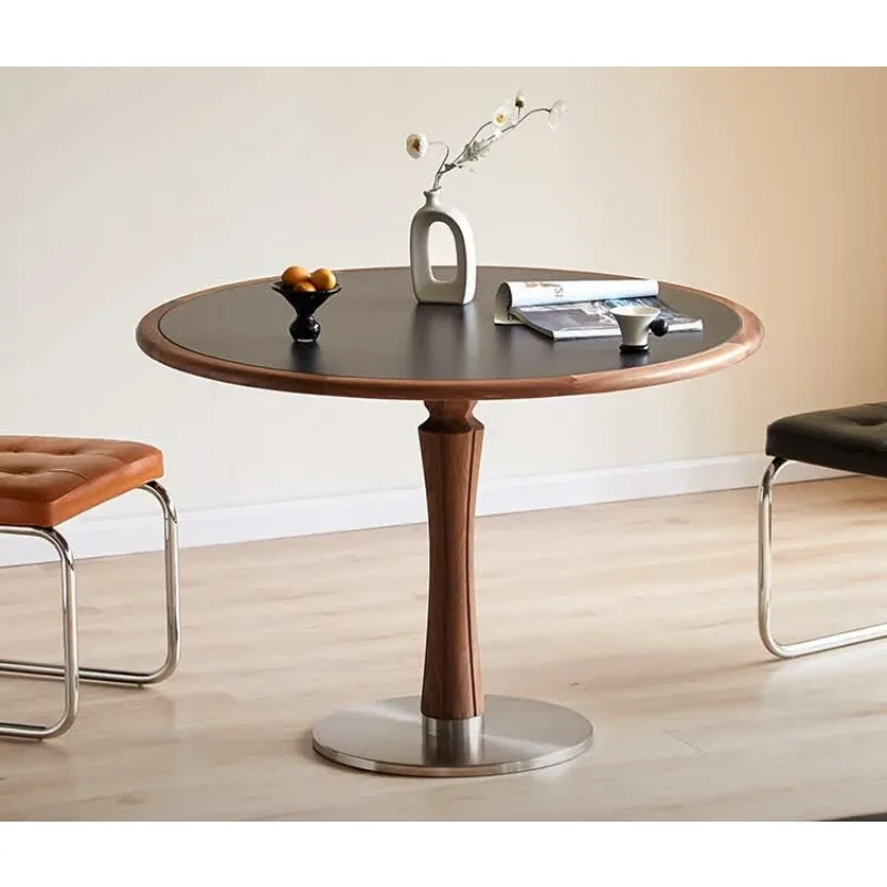 Slate dining table Household black walnut solid wood round table Dining table, Qingyu round table