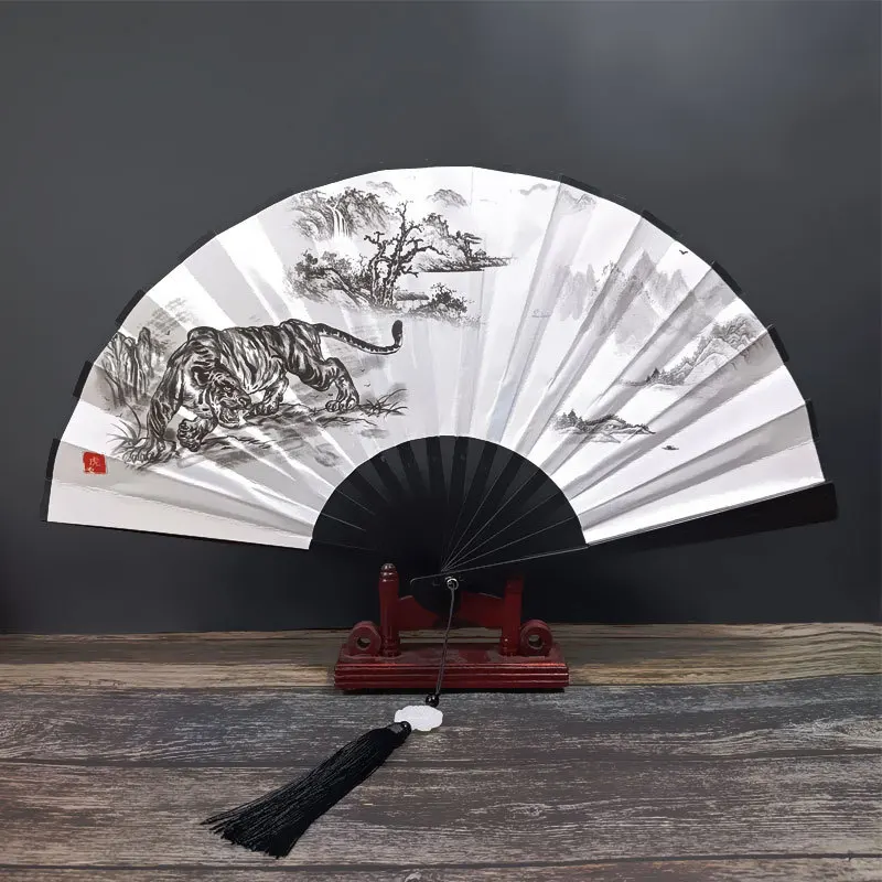 Double Sided Printed Cloth Hand Fan Chinese Style Folding Fan Antique Hanfu Accessories Party Show Performance Dance Fans Craft