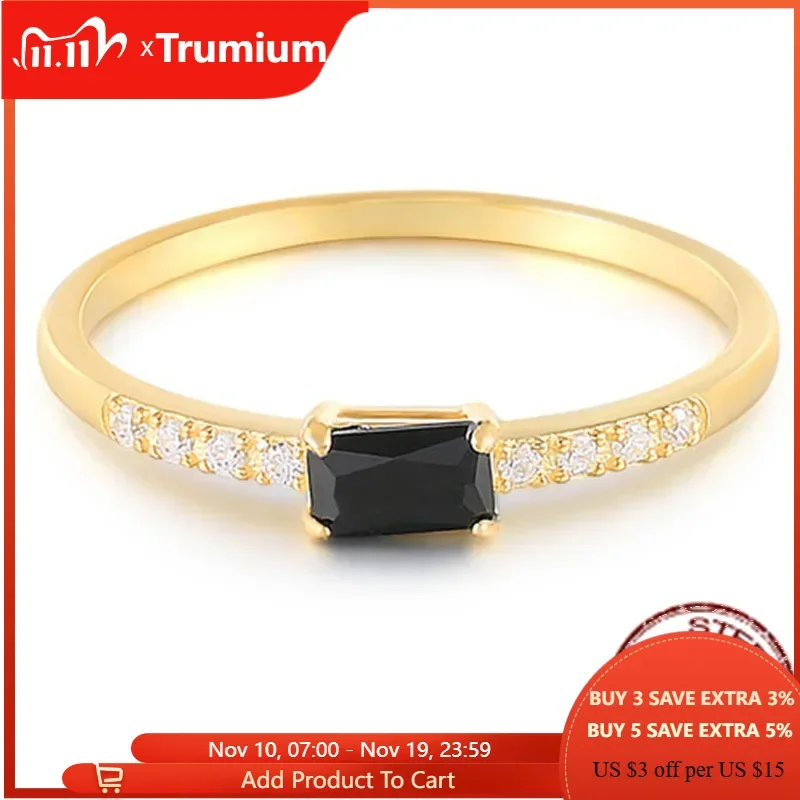 Trumium 925 Sterling Silver Rectangle Geometric Black Zircon Inlaid Rings for Women Plated18K Gold Women's Fashion Simple Ring