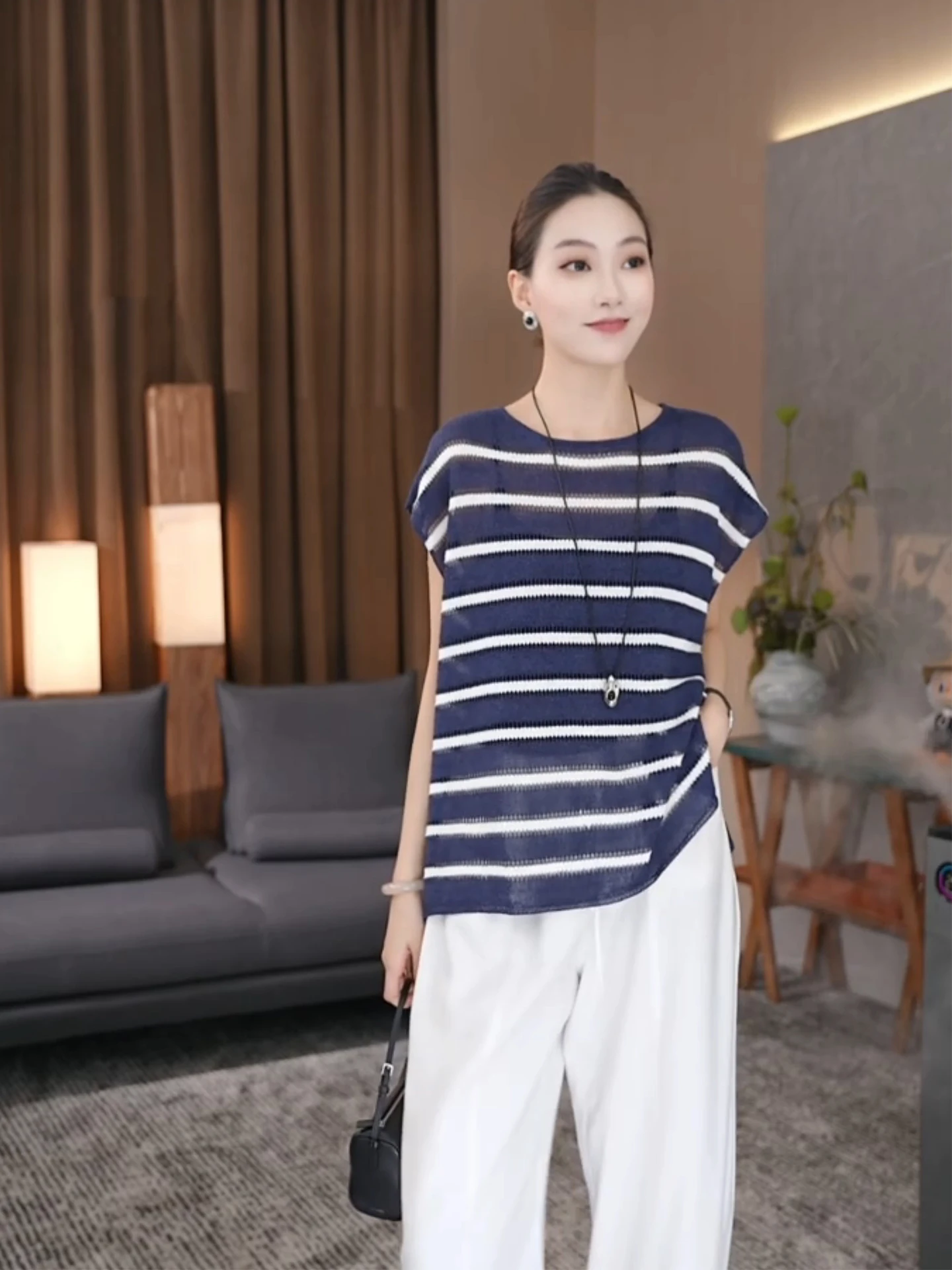 

Женская футболка Zozo Home Premium с вязаным полосатым узором, драпирующаяся ткань, дышащий летний топ или свитер с круглым вырезом