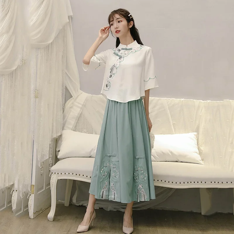 Summer Women Chinese Tai Chi Clothing Women Traditional Retro Casual Yoga Woman Hanfu Blouse Skirt 2 Piece Sets For Women 11812