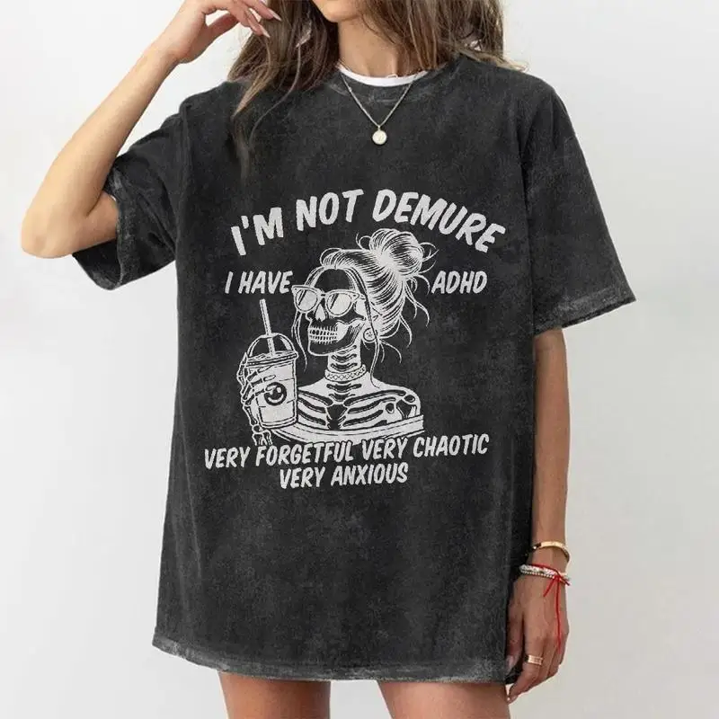 

Funny ADHD Skull Print T-shirt Women Vintage Washed Oversized Tee Slogan Graphic Top Harajuku Streetwear Y2K Grunge Style