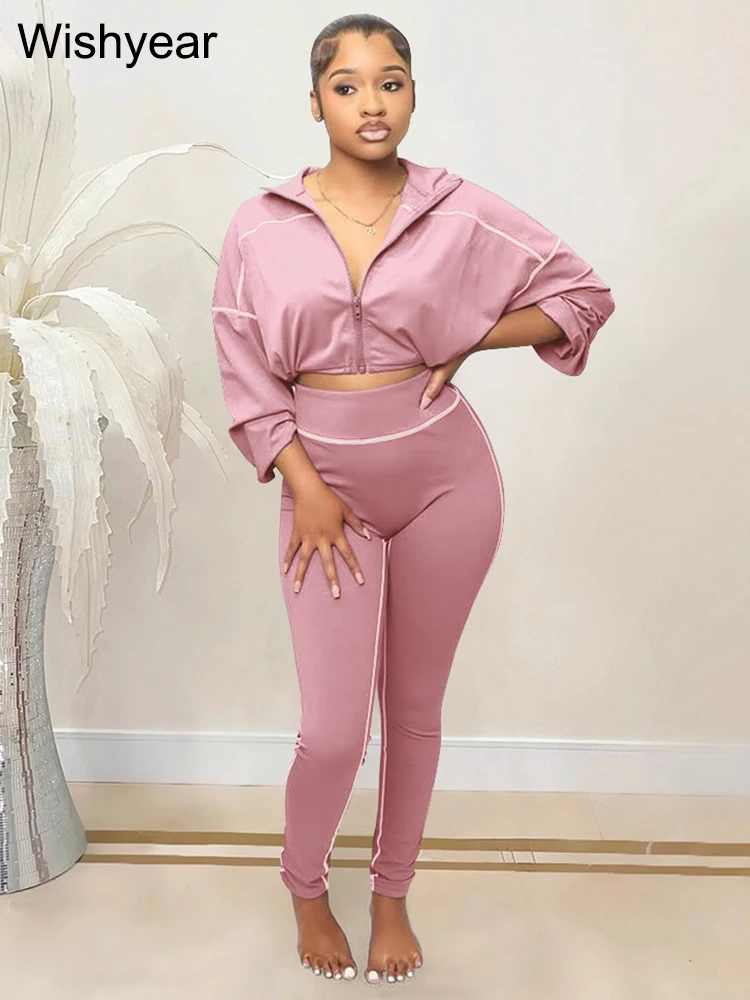

New Fashion Sporty Skinny Pants Two Piece Sets Women Zip Drawstring Long Sleeve Crop Top and Legging Outfit Jogging Tracksuits