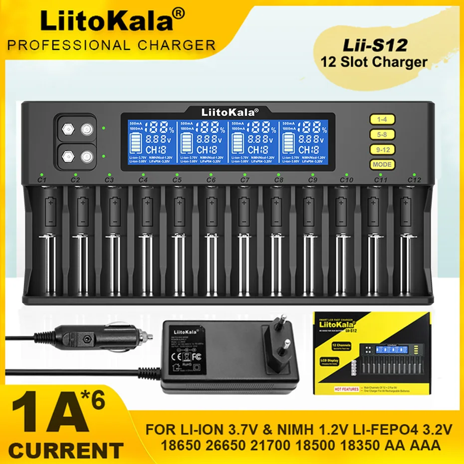 

LiitoKala Lii-S12 21700 9V Battery Charger LCD Display 12 Trough For 1.2V 3.8V 3.2V 3.7V IMR NiMH/Cd 18650 26650 26700 AA AAA