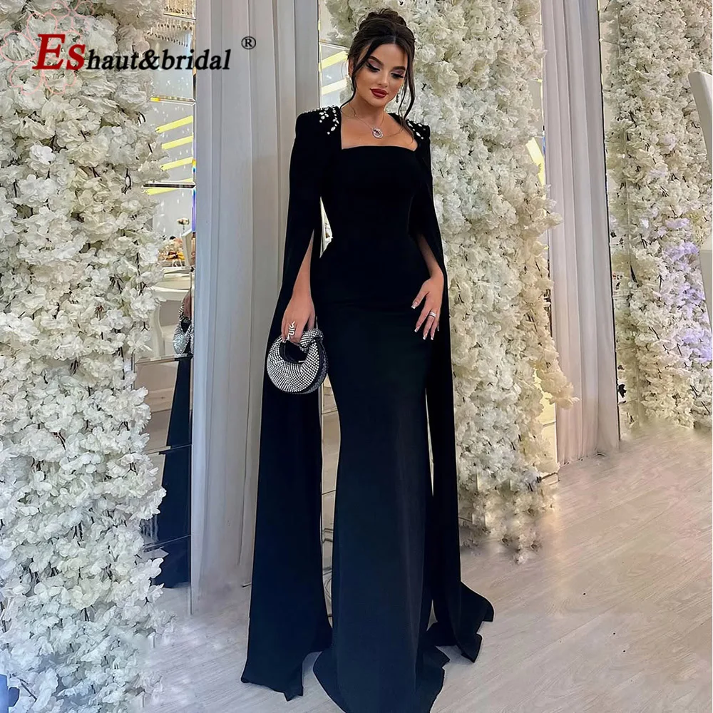 Luxury Black Dubai Abraic Evening Dress with Long Cape Sleeves for Women 2025 Beads Formal Prom Wedding Party Gowns Customize