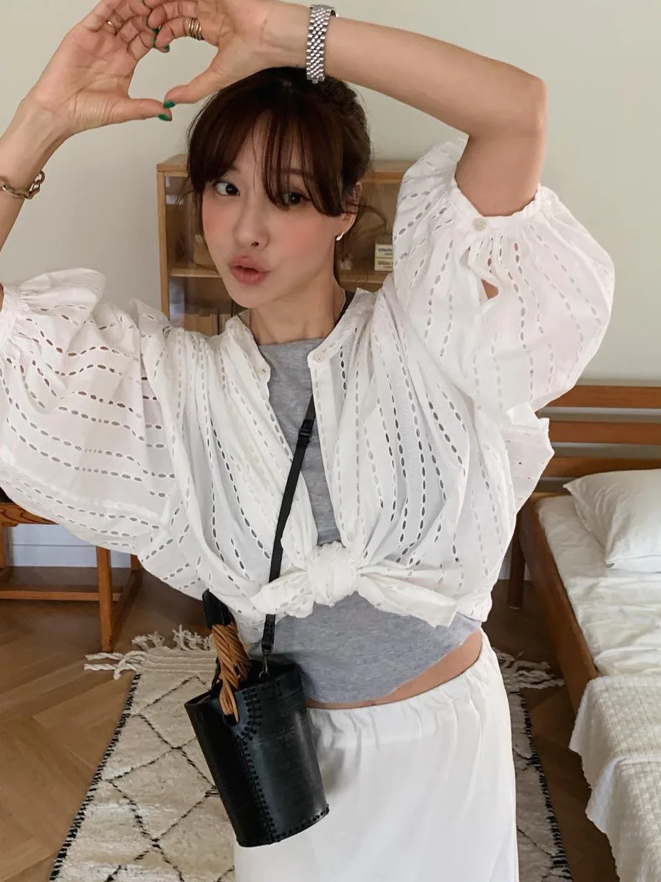 Dentelle évider chauve-souris Sve irt femmes été décontracté ample polyvalent haut doux Sle lanterne Sve rond Ne So...