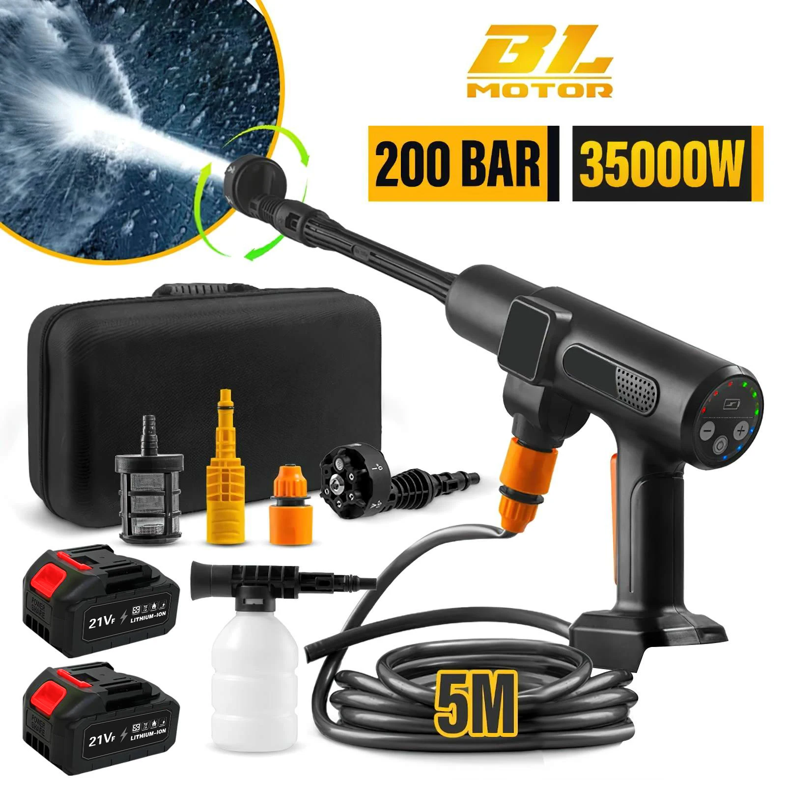 Idropulitrice elettrica ad alta pressione senza fili, 3500 W, 200 bar, con pistola ad acqua per autolavaggio e strumento per l’irrigazione del giardino, compatibile con batterie Makita da 21 V.