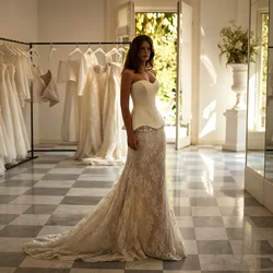 Strapless Sweetheart Mermaid Wedding Dress Satin Peplum Corset Back Lace Bridal Gown Chapel Train Elegant Bridal Wedding Dresse
