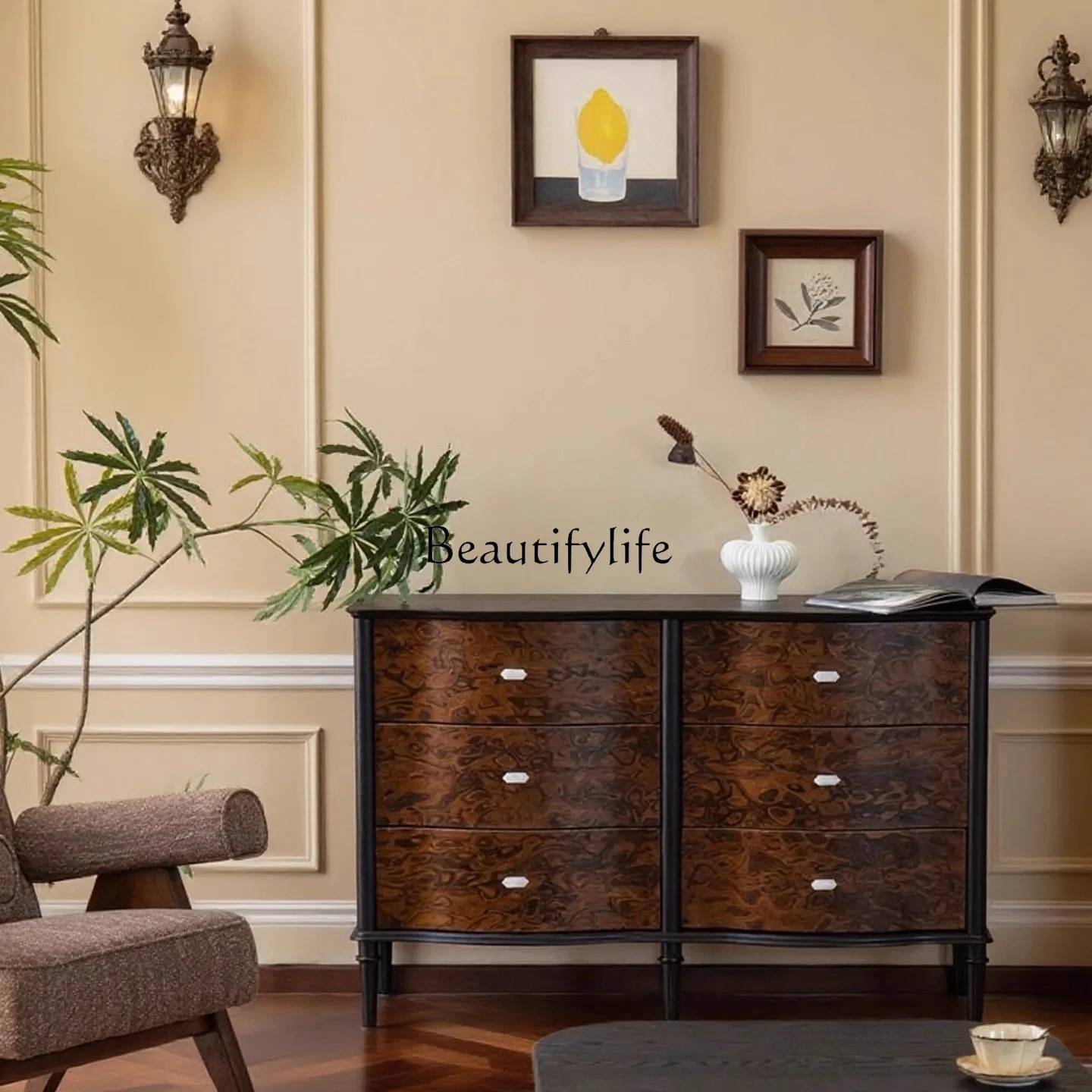 

French retro solid wood chest, living room, tree-shaped entrance storage cabinet, American old storage decoration