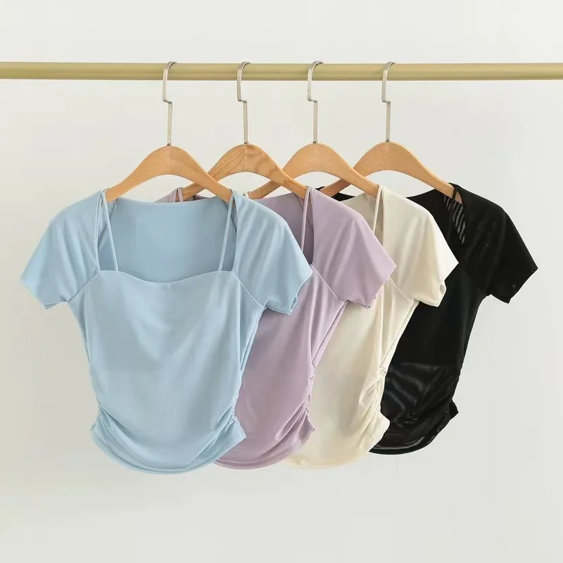 Women's Short Sleeve T-Shirt, Yoga Fitness Top with Fixed Chest Cushion Mesh, Fake Two-Piece Design for Training
