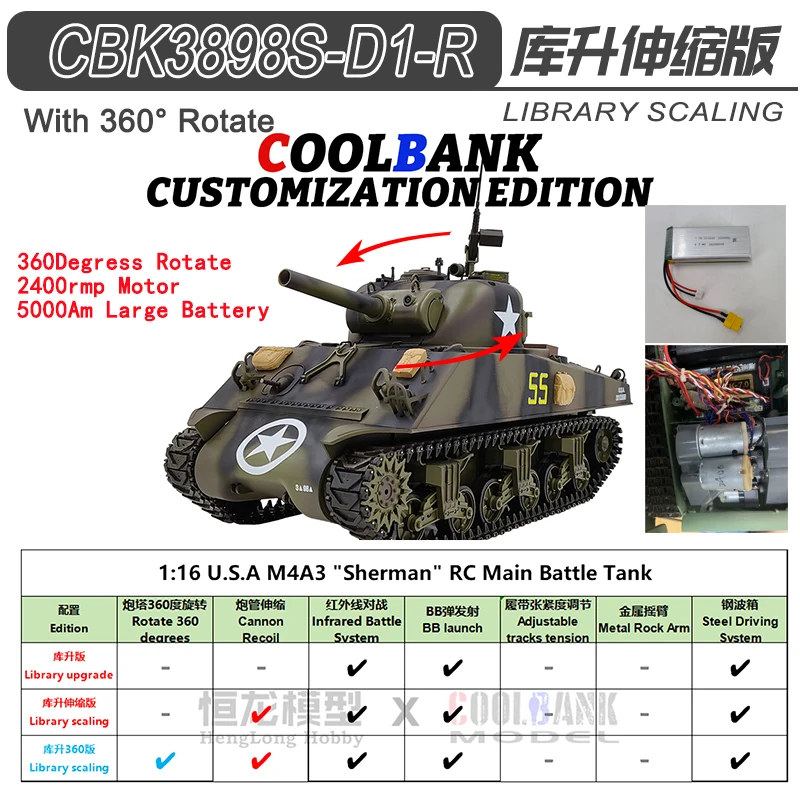 COOLBANK 1/16 Scale U.S. Sherman M4A3 Battle Tank 2.4Ghz Radio Remote Control Tank Toys Military Model RC Tank Vehicle Gifts Boy