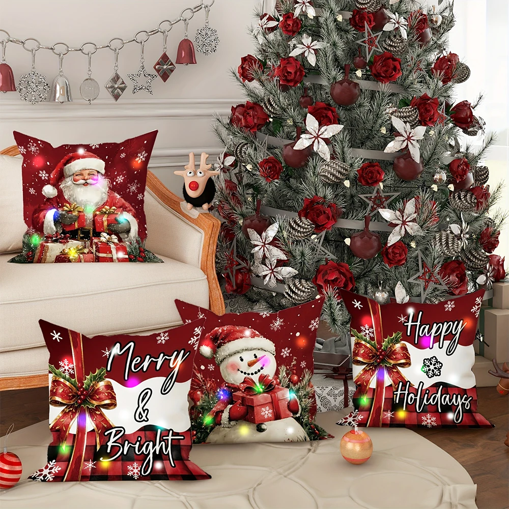 LED light luminous pillowcase, Santa Claus snowman gift box pattern design, suitable for Christmas party home decoration