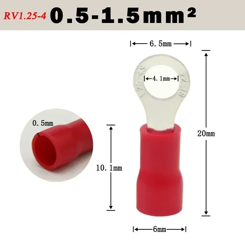 Insulated PVC Ring Terminals Wire Terminal RV1.25-4 RV2-3 RV2-4 RV3.5-4 RV5.5-4 Circular Round Cold Press End Butt Connector