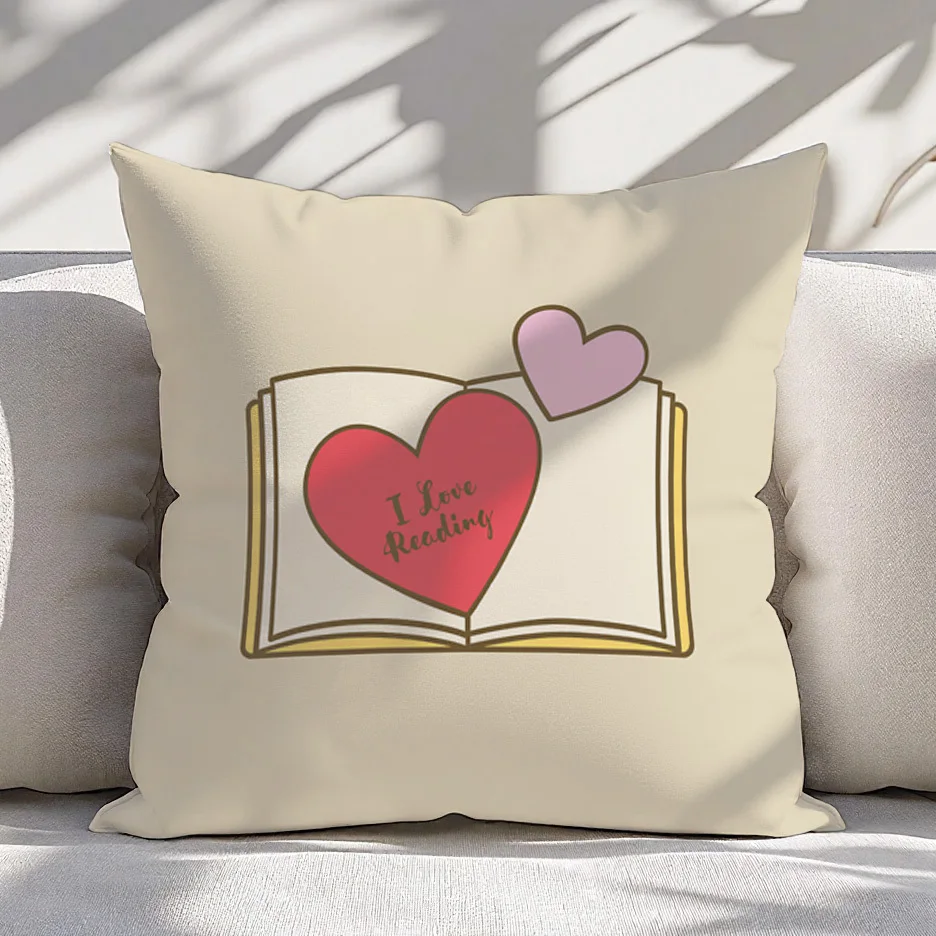 Pillow Cover I Love Reading Book Heart Design Soft Plush  Machine Washable Sofa Bed Chair Library Decor Gift for Book Lovers