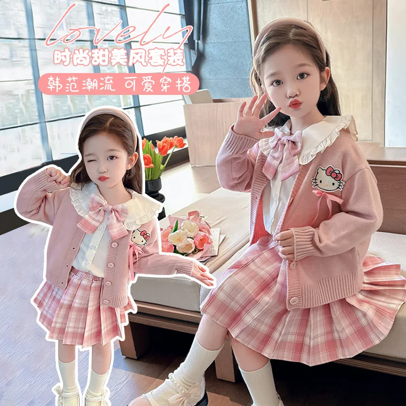 3Pcs Girl's Cardiganr Shirt Pleated Skirt Tie Tie Jk Uniform Hello Kitty Kuromi Sanrios Y2K Kids Fashion Spring Autumn College