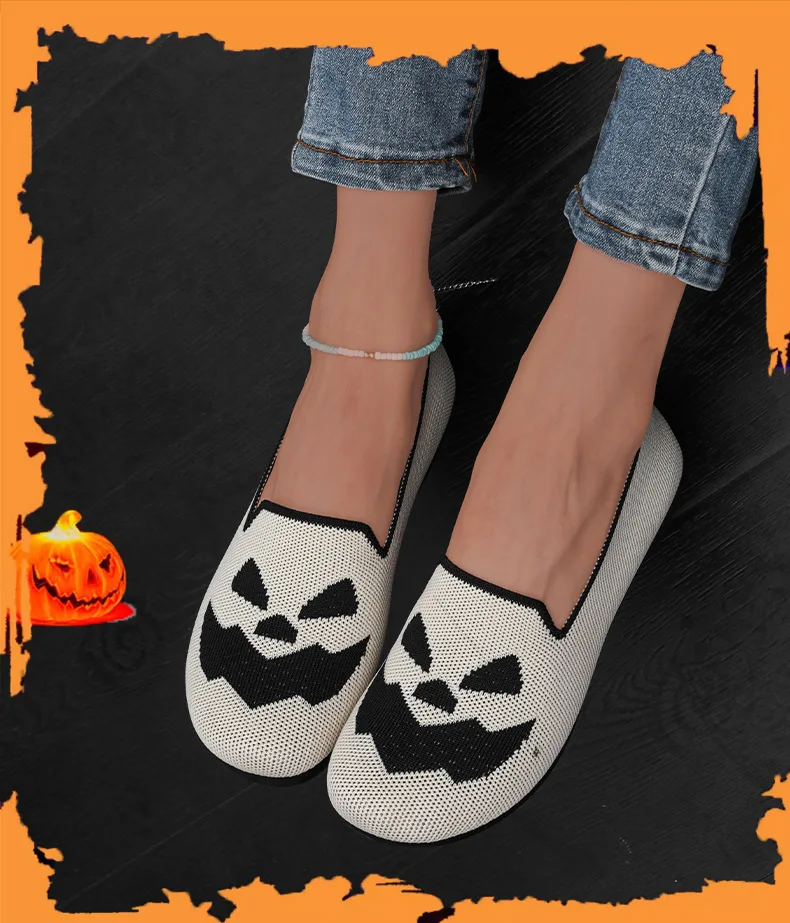Damen-Halloween-Kürbisgesicht-Strickflachschuhe, atmungsaktive einteilige Slipper, leichte Freizeit-Party-Schuhe – Detail 10