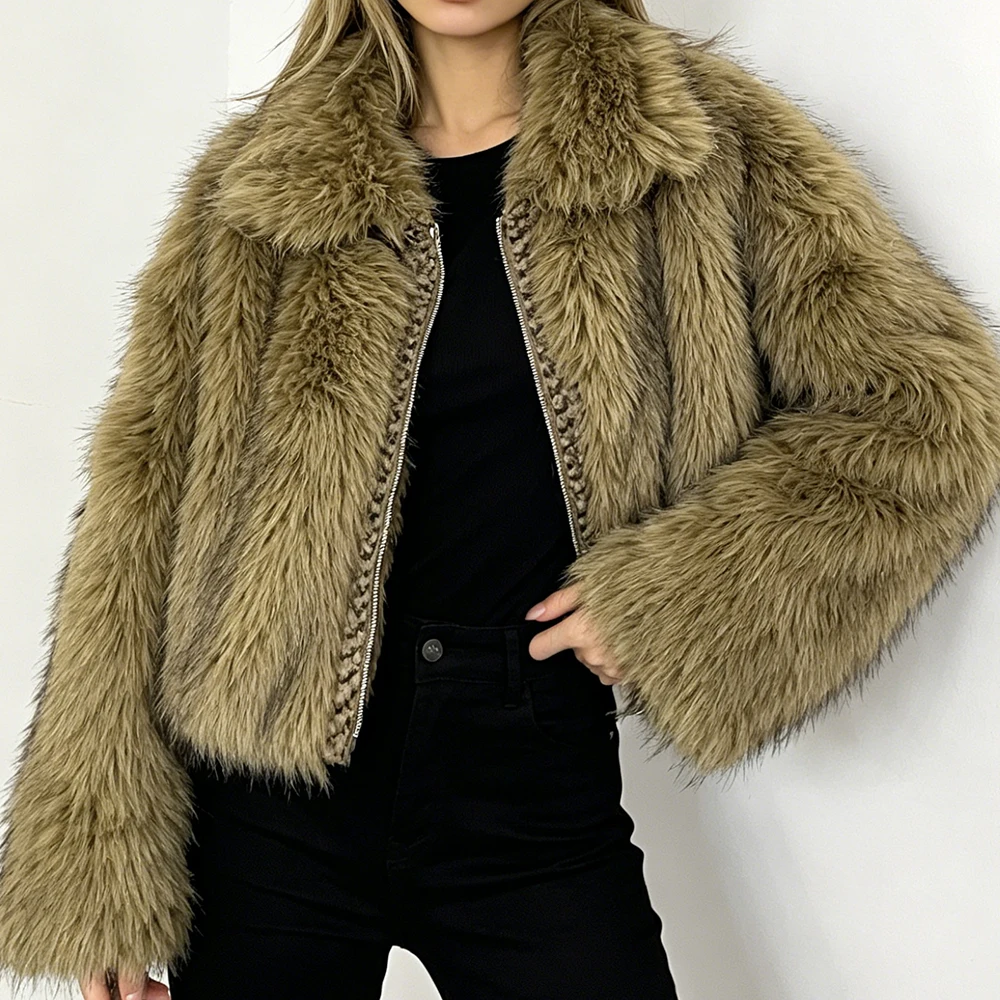 Womens Faux Raccoon Fur Jacket Cropped Glam Party Plush Fur Coat Luxury Winter Fashion Outerwear Clothing Artificial Fur Coat