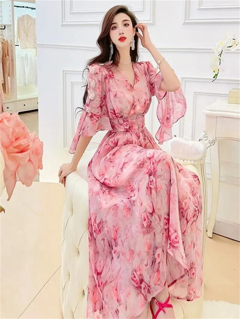 Sweet and Elegant Fragmented Flower Dress 2024 Summer New Women\'s Slim Fit and Skinny Lotus Leaf Sleeves Over Knee Long Dress S9