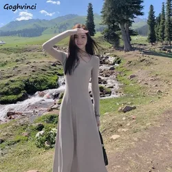 Maxi Dress Women O-neck Pure Elegant Gentle Draped French Style Long-sleeve Aesthetic Temperament Vestidos 2023 Autumn All-match
