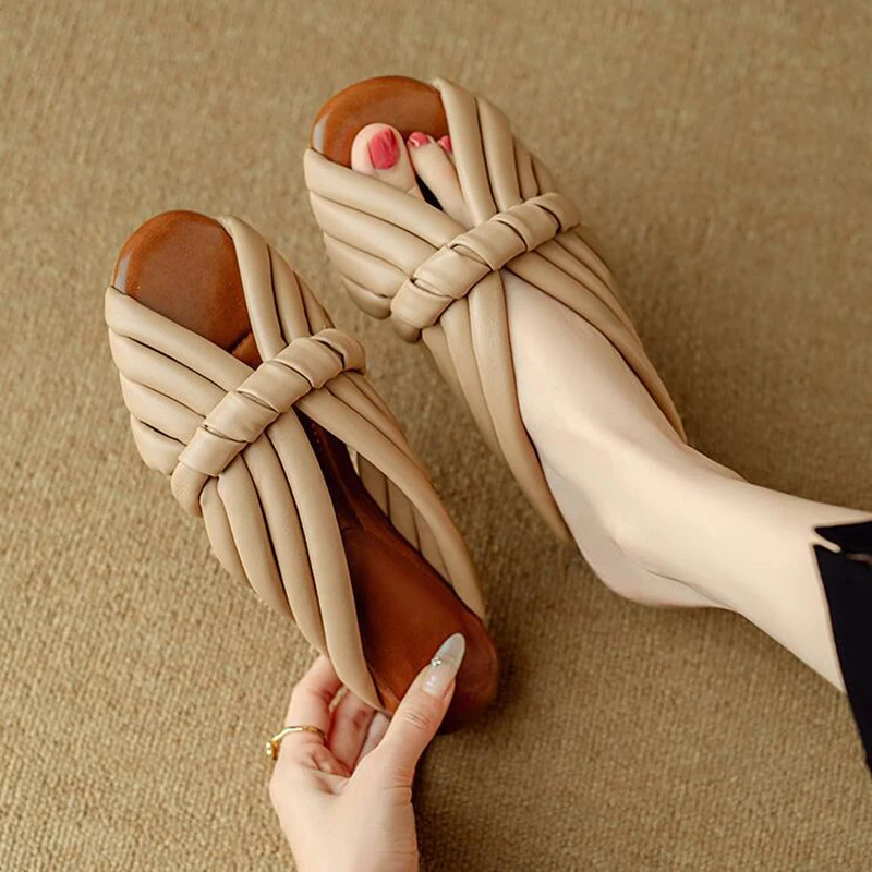 Size 34-41 Women Slippers Fish Mouth Flats Casual Slides Females Soft Leather Comfortable Lazy Women Bread Mullers Shoes Sandals