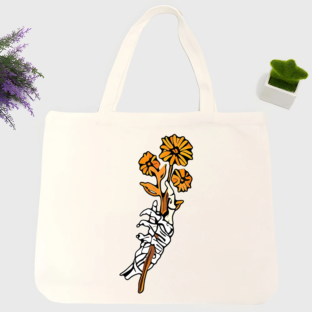 Men's skeleton hand with flowers canvas tote bag, artistic print for daily shopping and casual outings