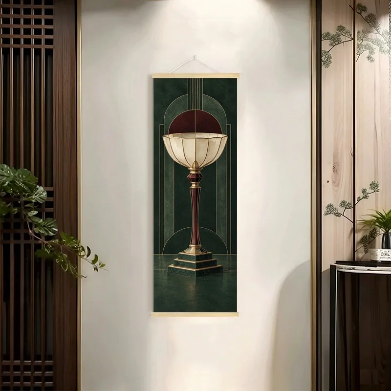 Vases Goblet and Candelabra Hanging Scroll with Vintage Inspired Geometric Shapes in Green and Burgundy for a Dining Room