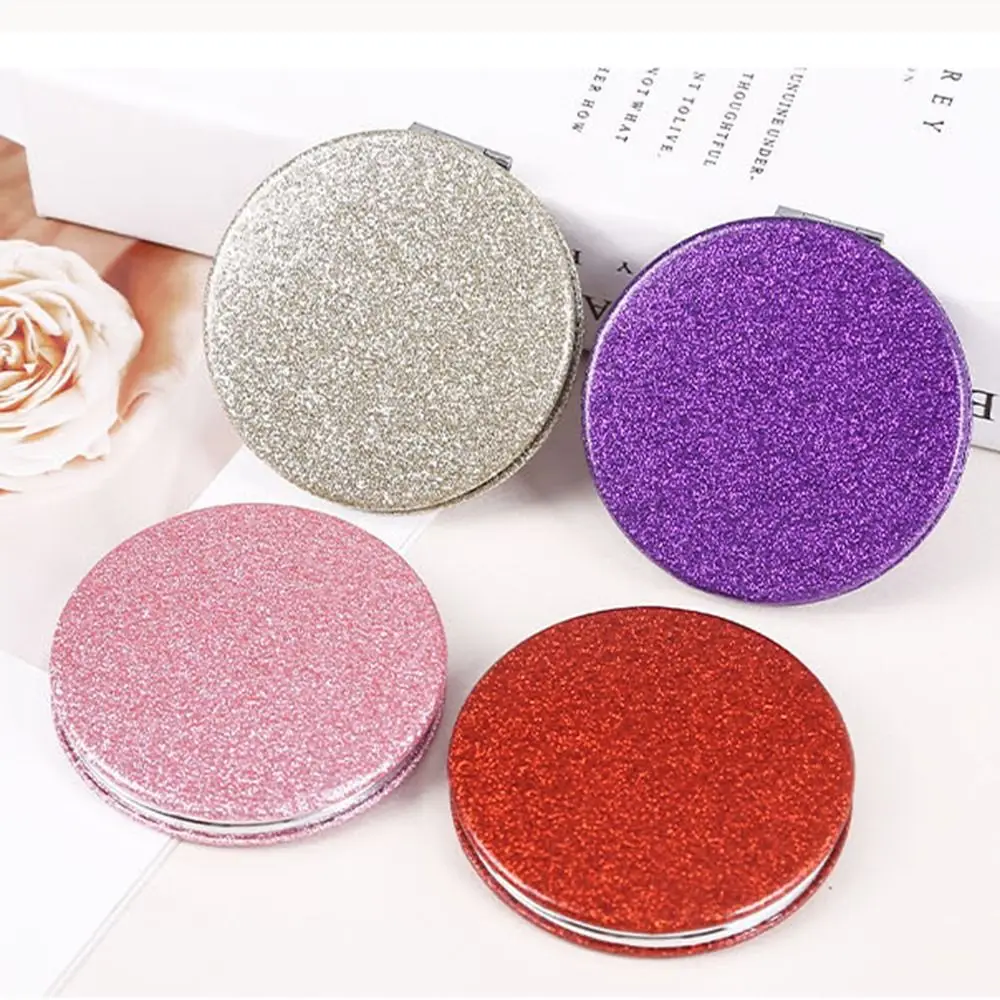 Portable Glitter Round Makeup Mirror Folding Shiny Handheld Mirror Double-sided PU Leather Vanity Mirror Girls